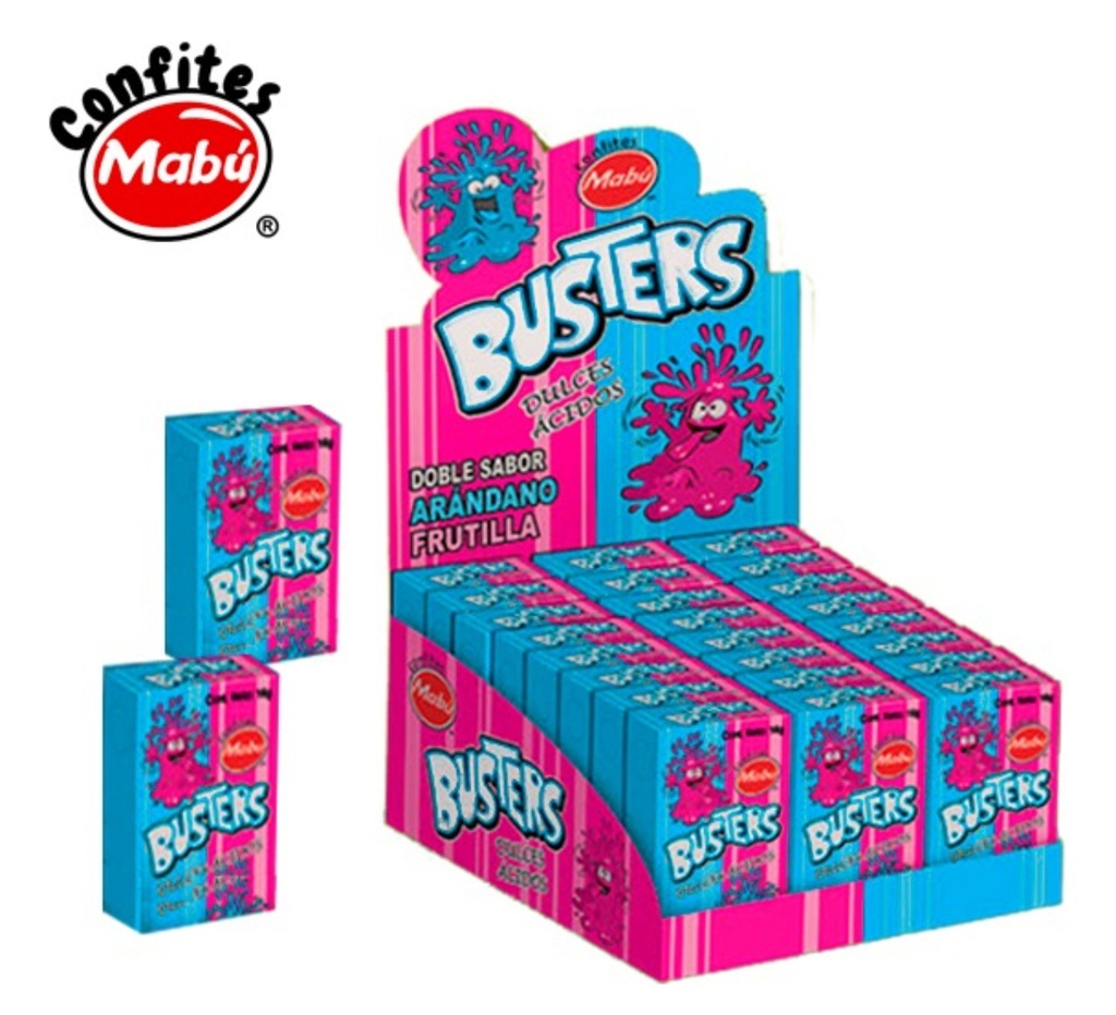 Confites Mabu Busters Dulces Acidos Doble Sabor Arandano,Frutilla 24 Piezas